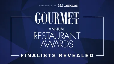 blue bakcground with white text saying 'Gourmet traveller Annual Restaurant Awards Finalists Revealed'