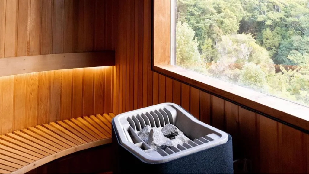 sauna with a rainforest view