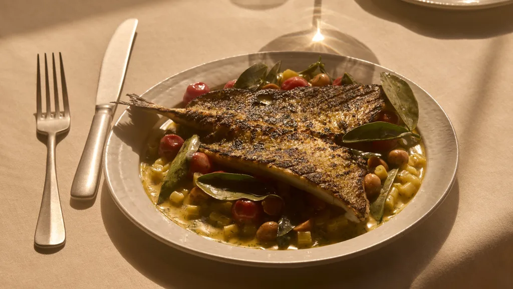 Fish with gnocchi on white plate with table setting background