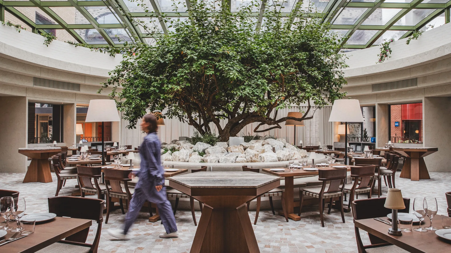 Olympus Dining's iconic dining room with a bougainvillea tree in it's centre.