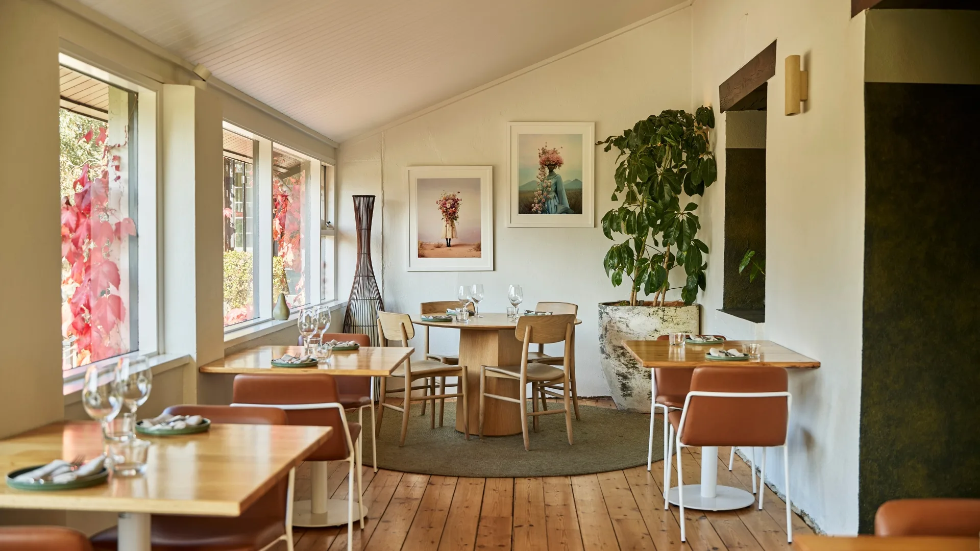 Sun-lit dining room with warm furnishings at Ondeen.