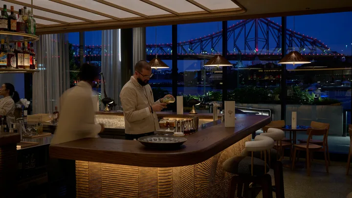 Supernornal Brisbane restaurant interior overlooking Brisbane's Story Bridge