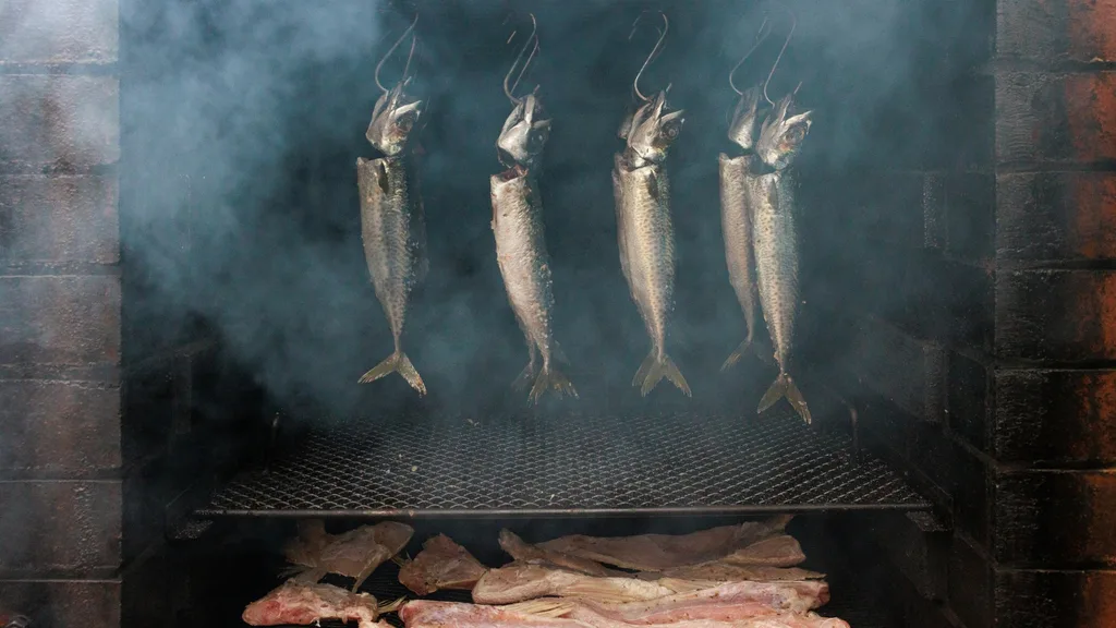 A photograph of whole fish hanging from the smoker.