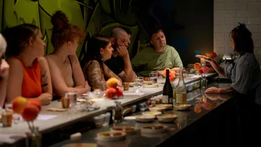 The chef's table at Joy in Brisbane, Sarah Baldwin serving.