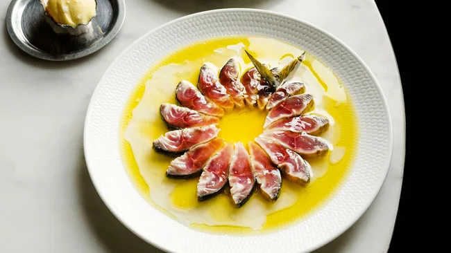 The delicately plated salt and vinegar line-caught blue mackerel at Saint Peter.