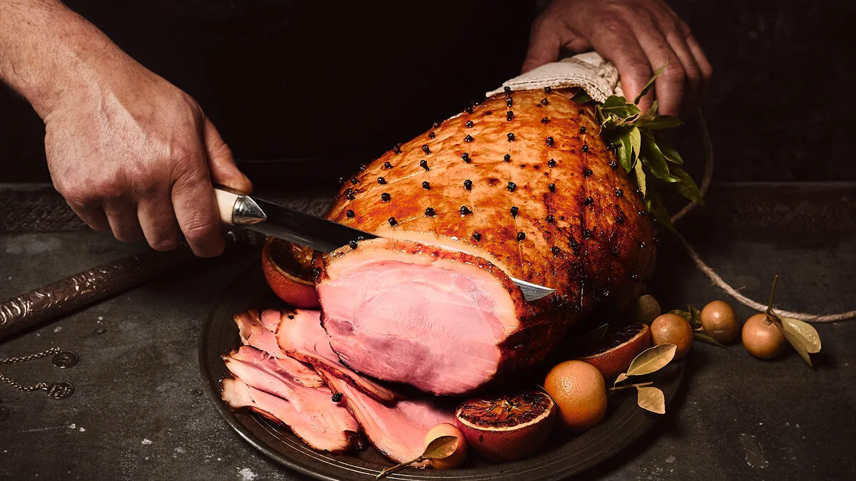 A ham bring sliced, ready to eat, at Andrew's Choice Smokehouse