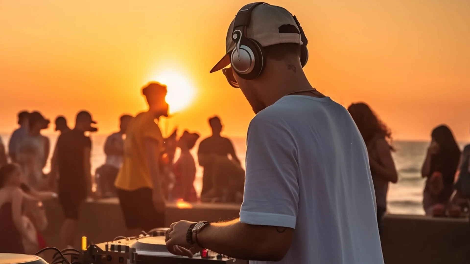 A DJ in the foreground of a sunset