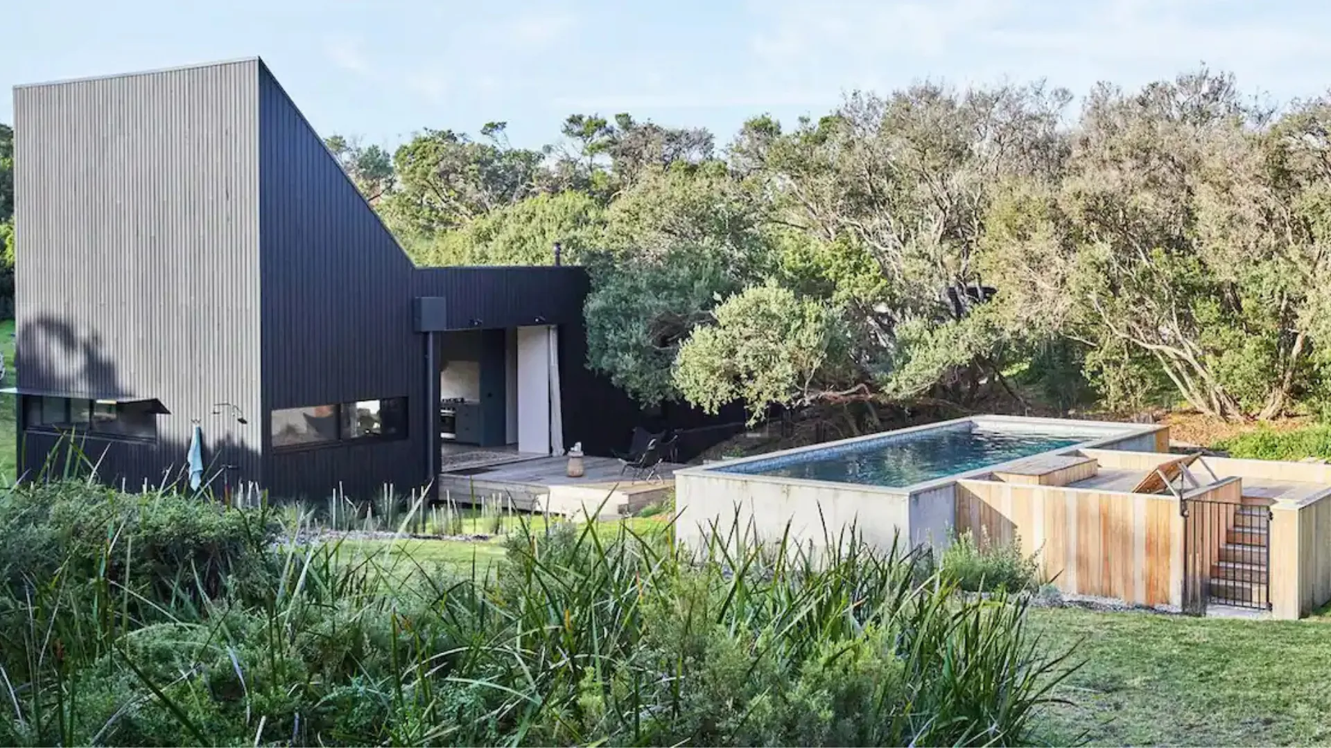 The exteriors of the pool and house at The Bach in Saint Andrews Mornington Peninsula