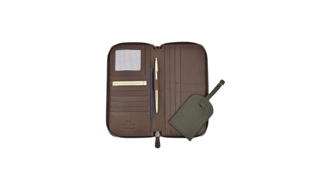 Cobb & Co Voyage Pack with Chocolate Leather Passport and Document RFID Wallet, plus Olive Luggage Tag.