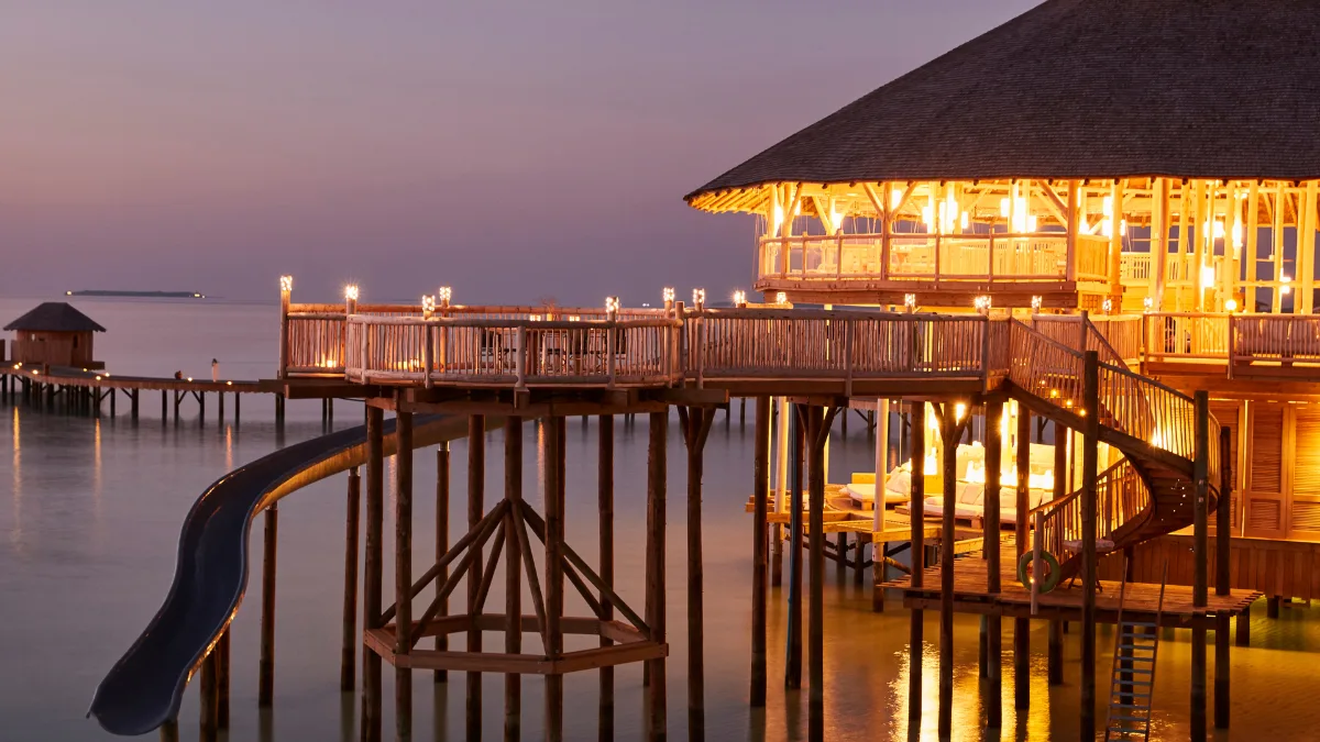 Soneva Jani resort at twilight.