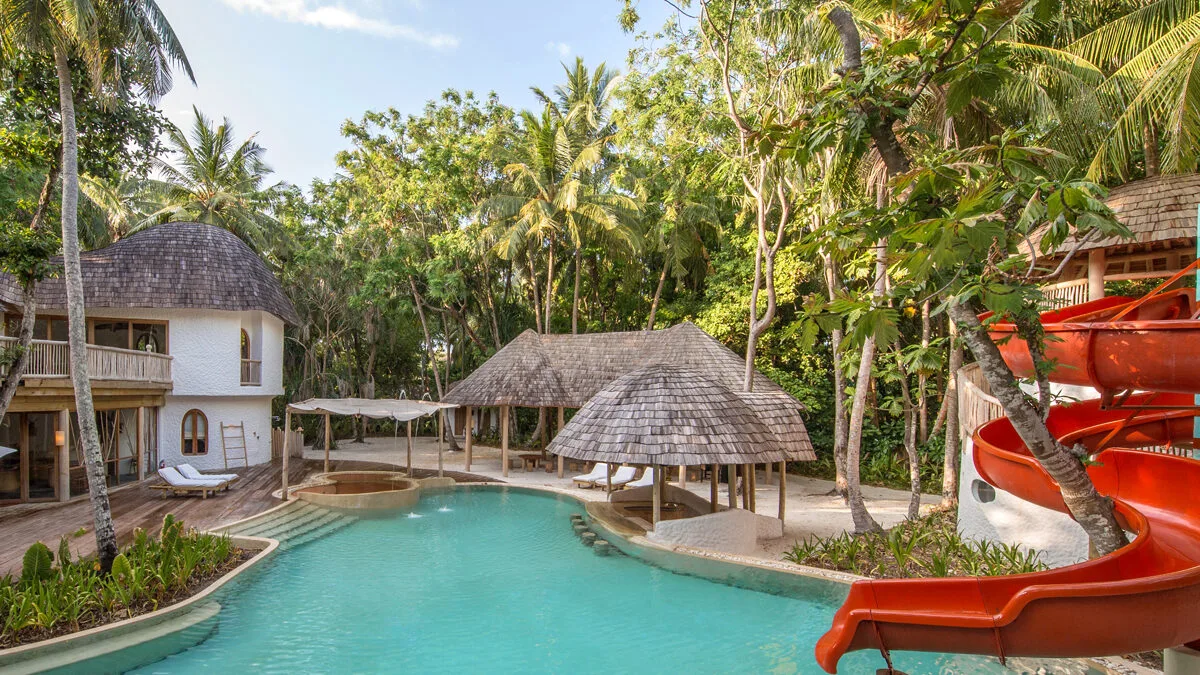 The pool area at Soneva Fushi.