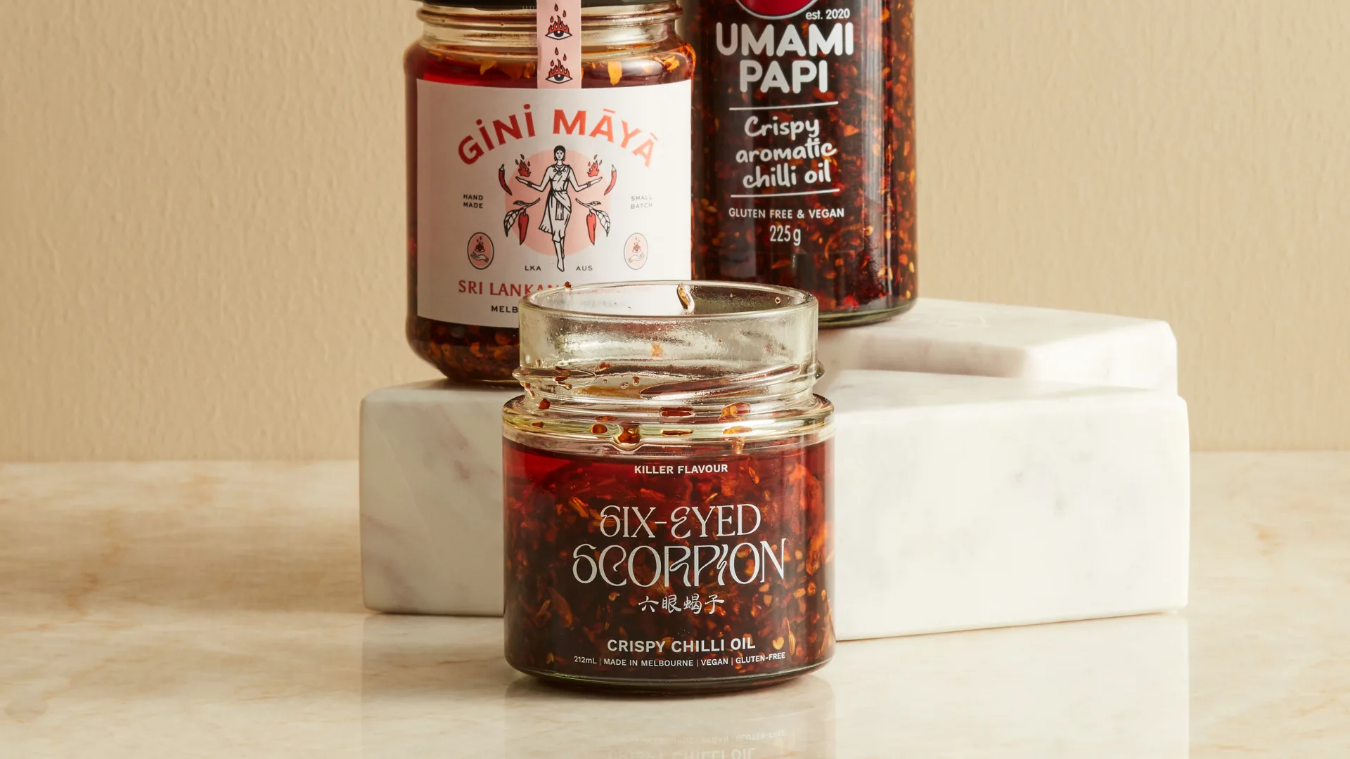 Six-Eyed Scorpion, Gini Maya and Umami Papi chili oil