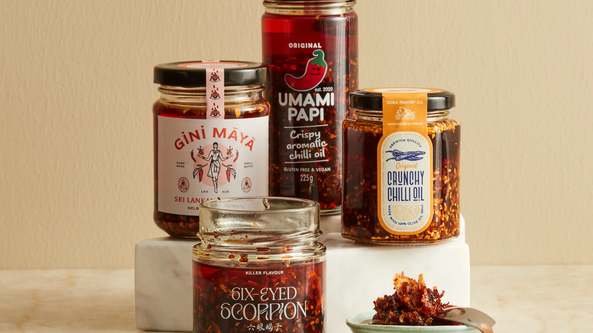 Six Eyed Scorpion chilli oil, Gini Maya chilli oil, Umami Papi chilli oil and Soka Pantry chilli oil