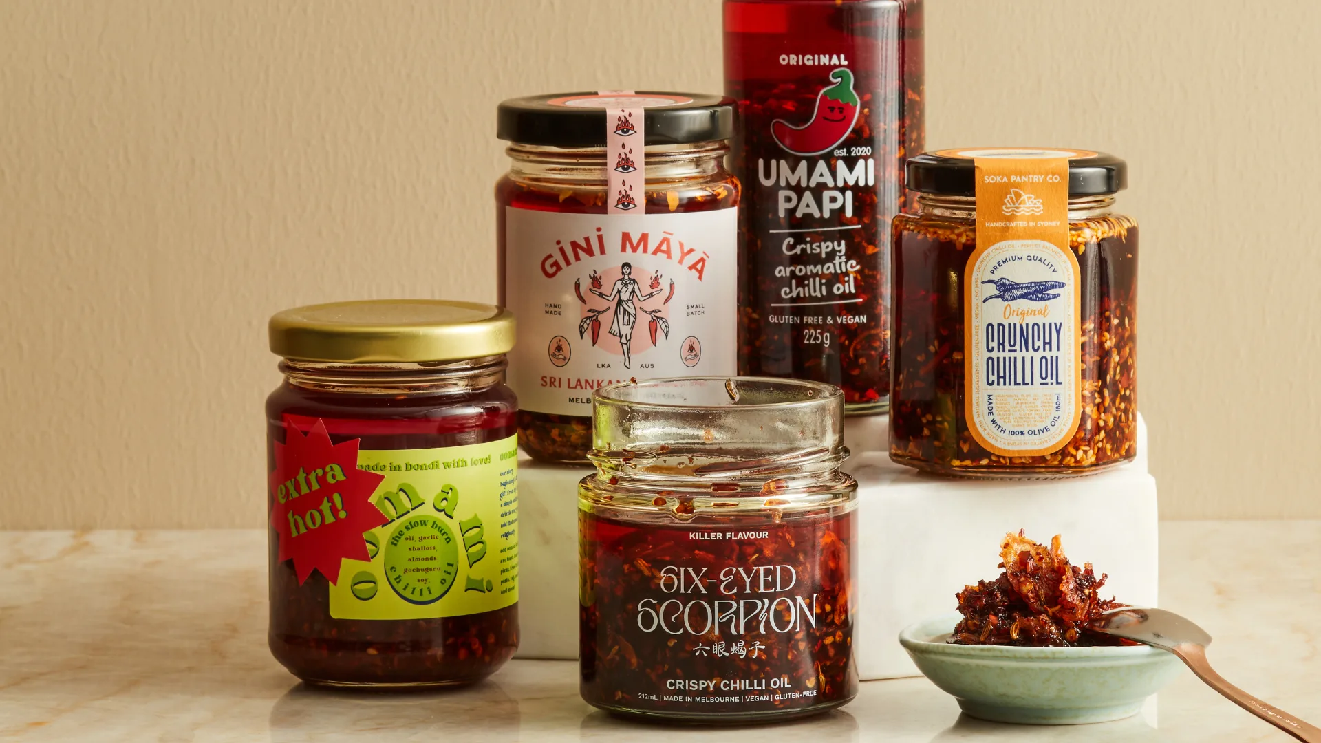 Six-eyed Scorpion chilli oil, Oomami Papi chilli oil, Gini Maya chilli oil, Umami Papi chilli oil and Soka Pantry chilli oil