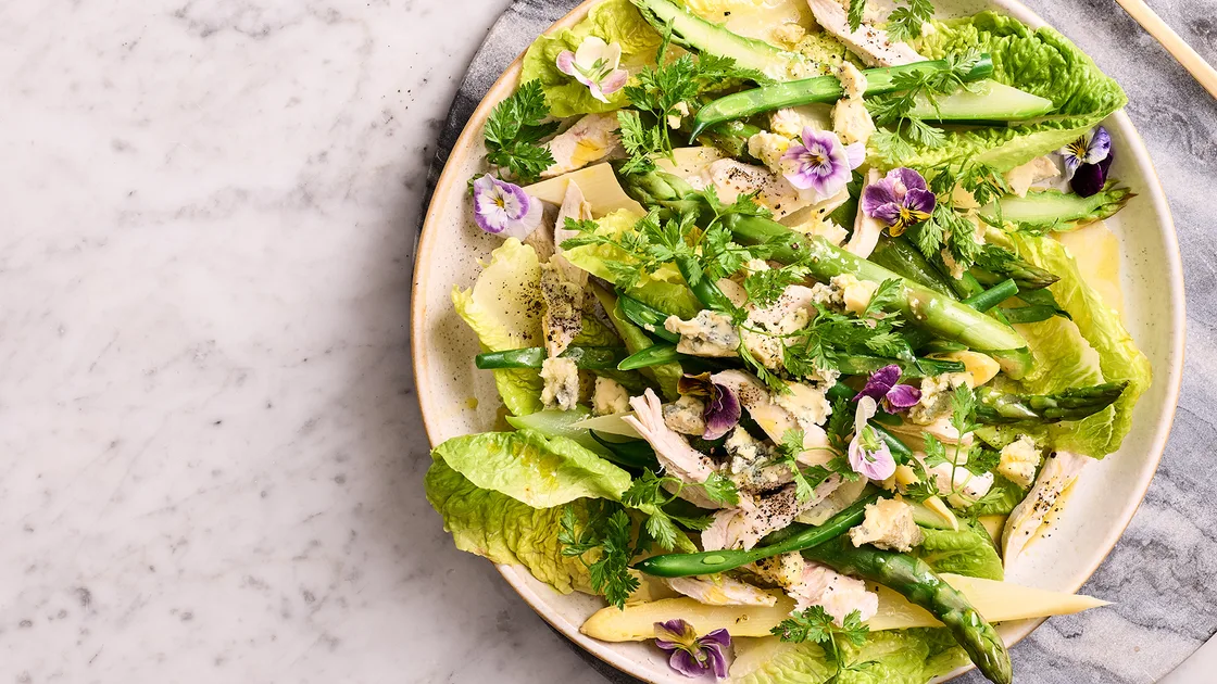 Poached chicken asparagus salad with blue cheese - Gourmet Traveller