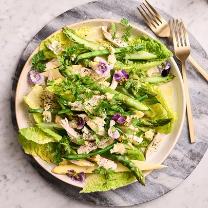 Poached chicken asparagus salad with blue cheese