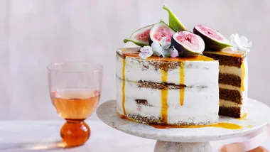 Date, gingerbread and yoghurt naked layer cake with burnt orange caramel