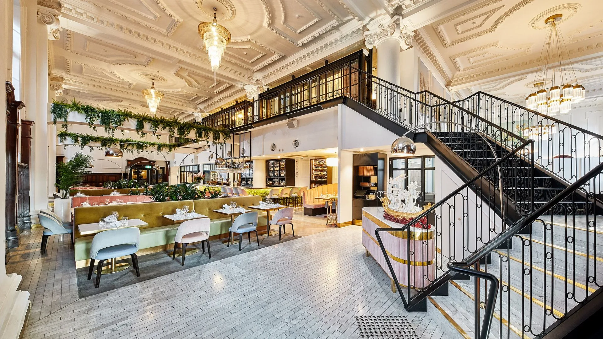 The dining room and staircase at Donna Chang. 