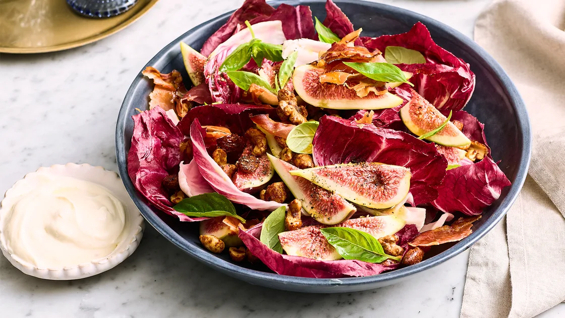 Fig and radicchio salad with pancetta, spiced nuts and labne - Gourmet Traveller
