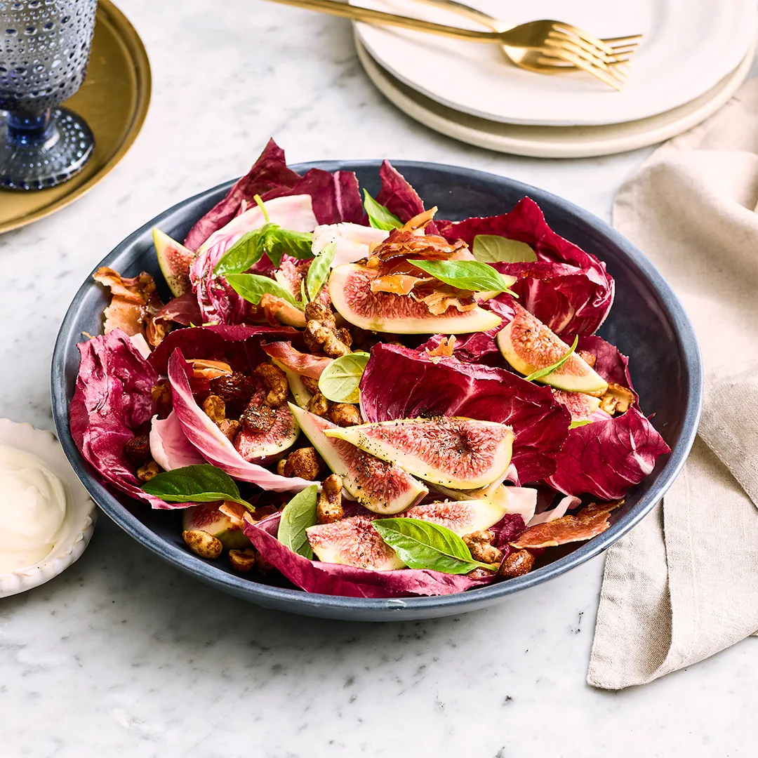 Fig and radicchio salad with spiced nuts and labne