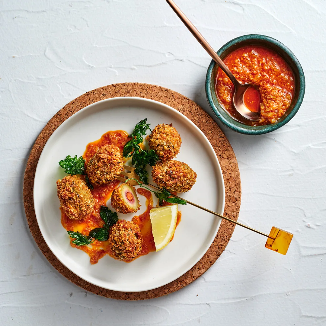 Woodcut's crusted giant green olives with ’nduja - Gourmet Traveller