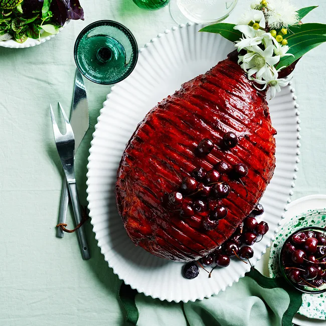 Gochujang glazed ham with cherries