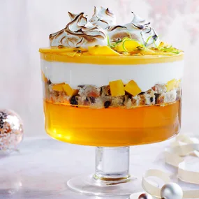 Mango and lemon verbena trifle with verjuice jelly and salted lime meringue