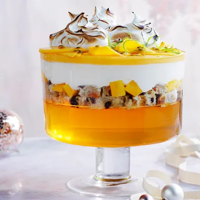 Panettone and mango trifle with lemon verbena and verjuice jelly