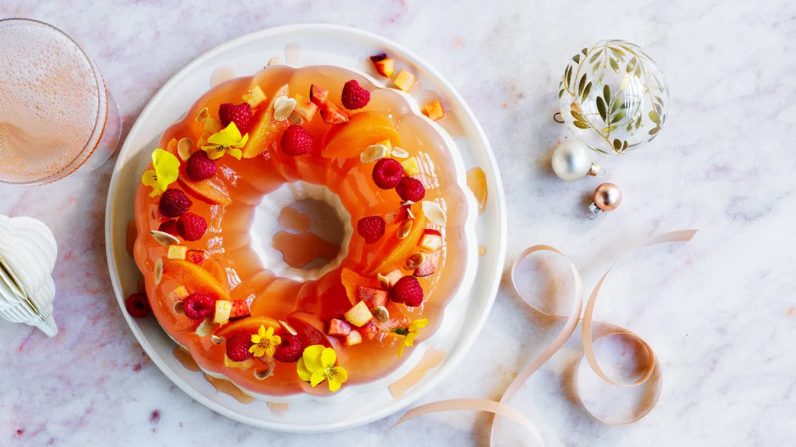 Champagne and peach jelly with crème fraîche panna cotta - Gourmet Traveller