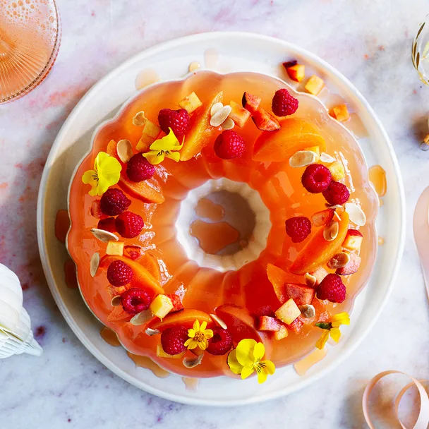 Peach and Champagne jelly with creme fraiche panna cotta