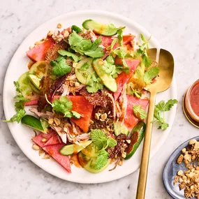 Watermelon, cucumber and duck salad