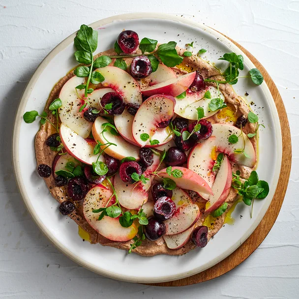 White peaches, cherries and walnut tarator