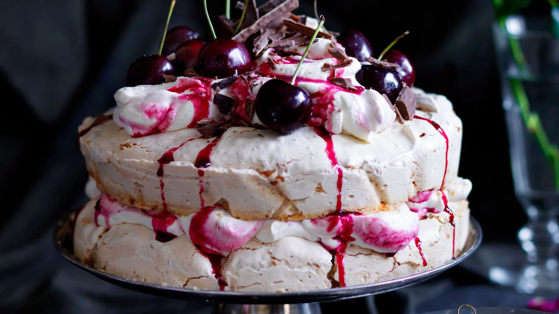 pavlova recipes with cherry and chocolate on top