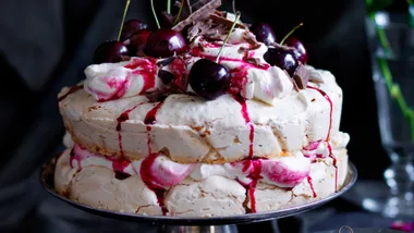 pavlova recipes with cherry and chocolate on top