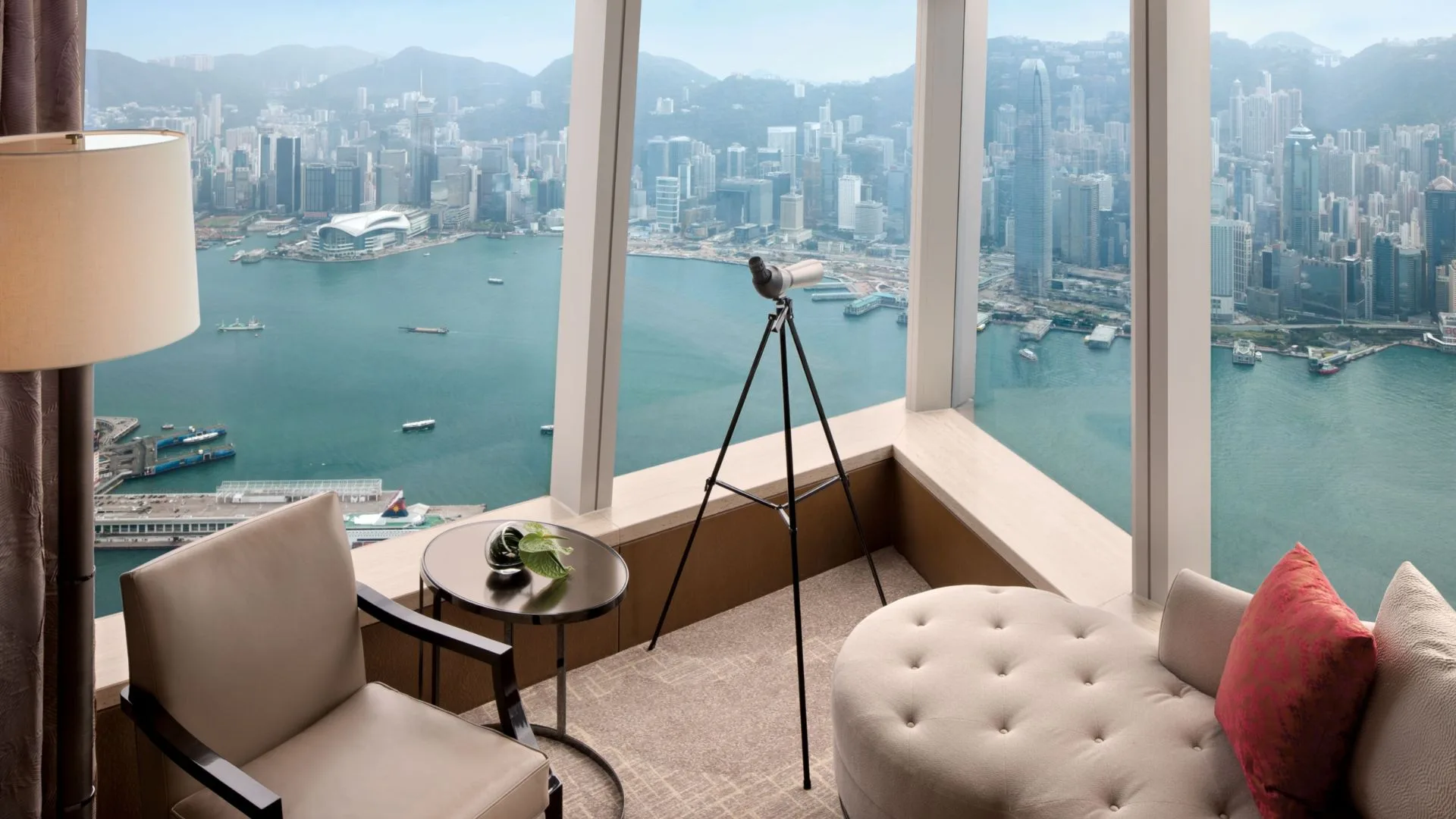 interior of The Ritz Carlton Hong Kong, Kowloon looking out to the harbour