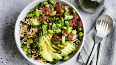 one of our best avocado recipes: tuna and avocado rice bowl