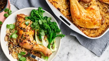 Baked chicken and rice with chilli and ginger dressing