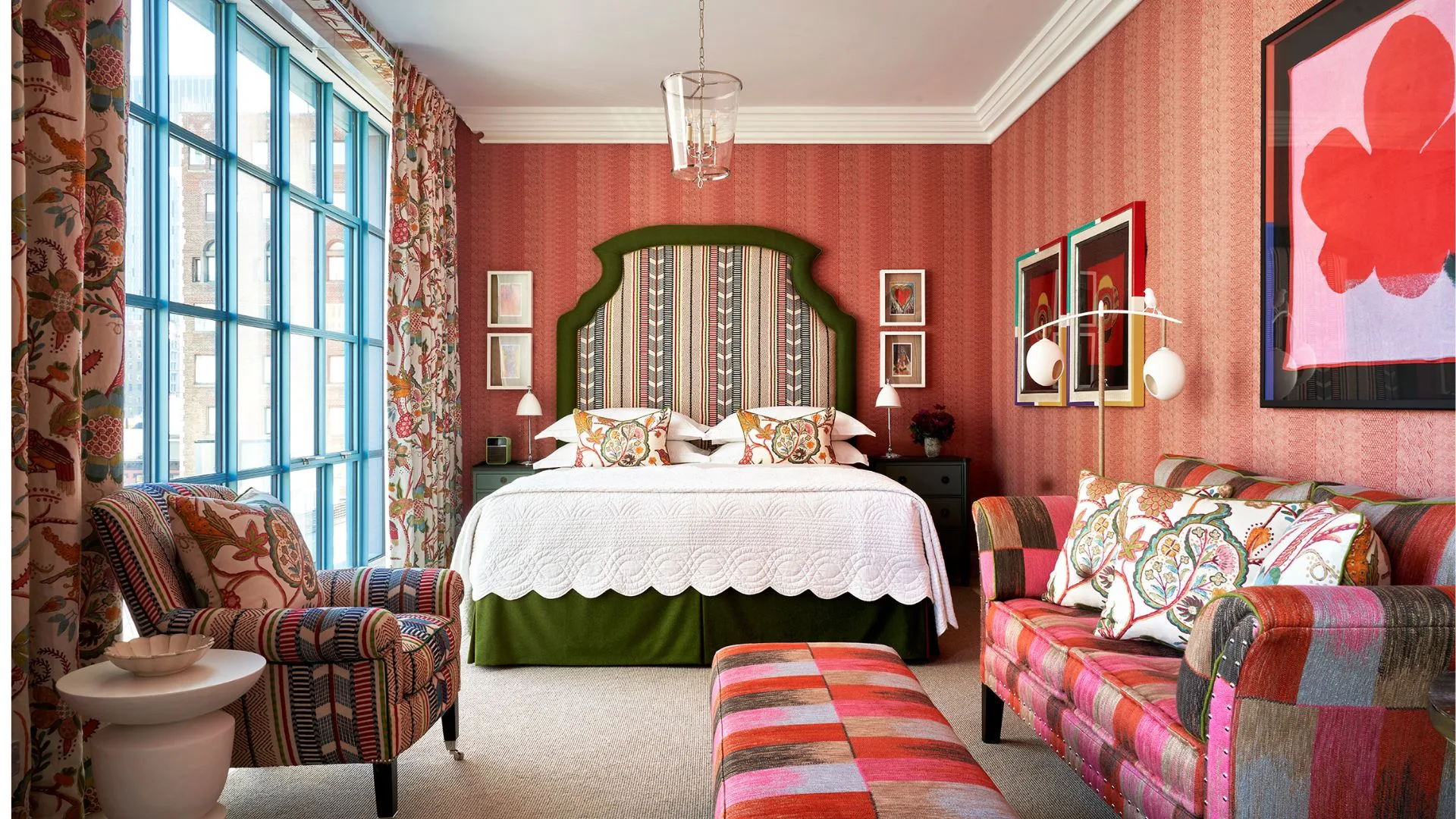 Pink coloured room with clashing patterns oozes style at Warren Street Hotel