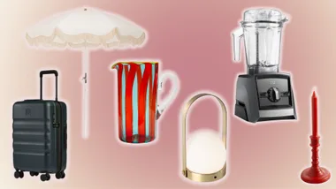 collage of suitcase, umbrella, lamp, smoothie maker, candle