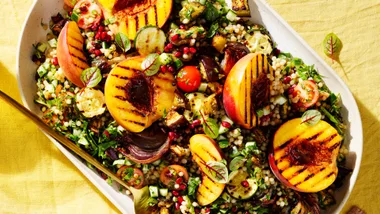 Eggplant tabbouleh salad with grilled peaches and pomegranate