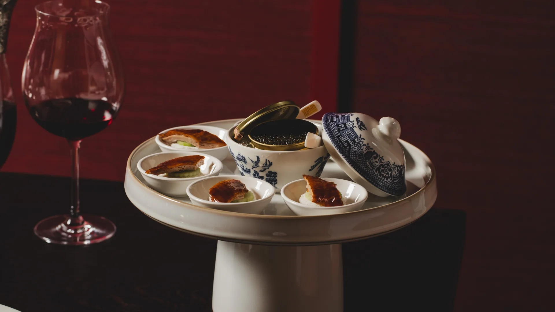 A luxurious plate of Frosista Kaluga Caviar with 6 pieces of Peking Duck from Lee Ho Fook 