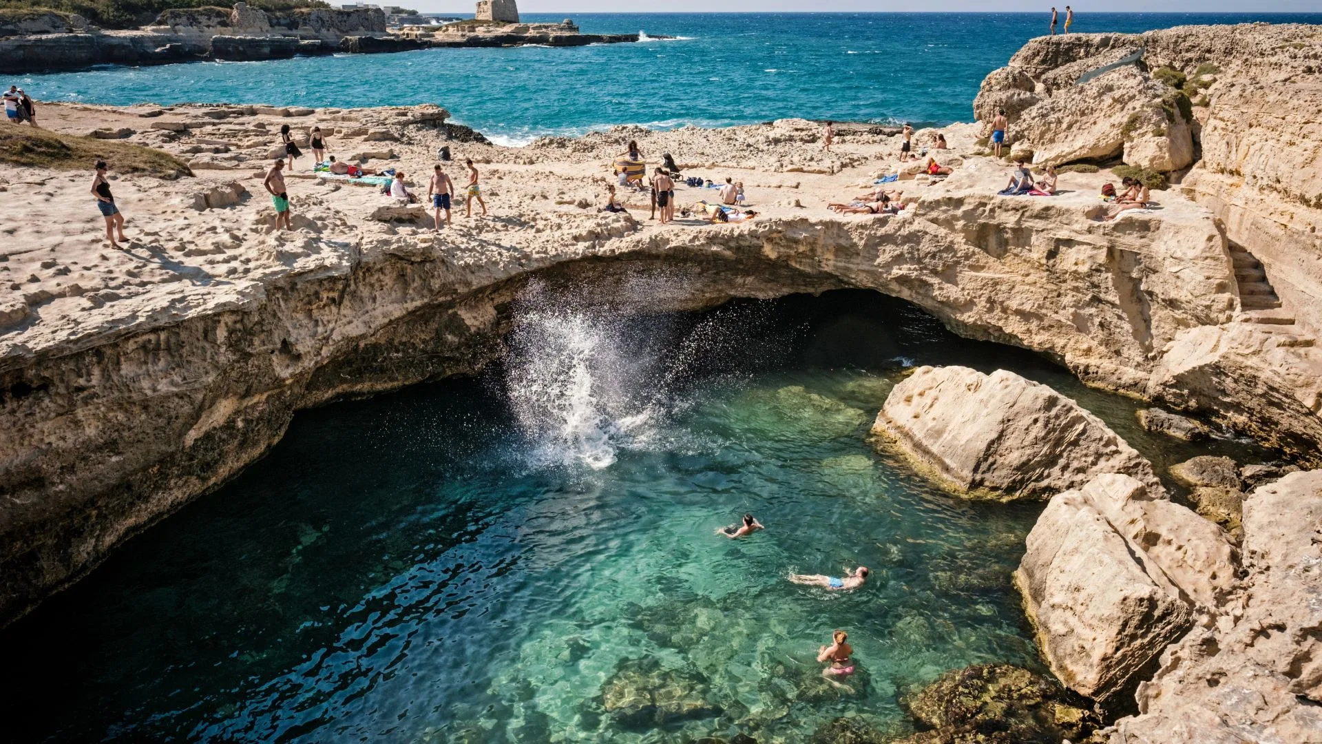 people jumping into puglia ocean and swimming