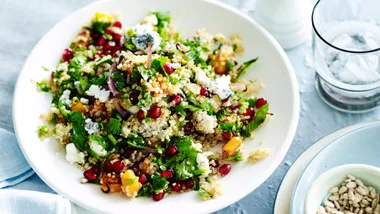 summer recipe for quinoa salad with pomegranate and ashed goat's cheese