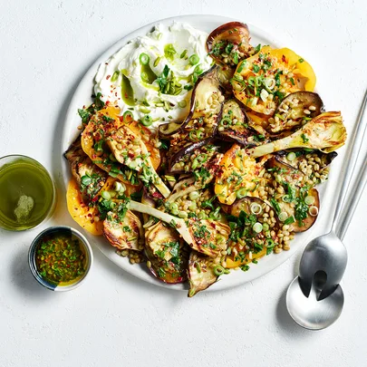 Grilled eggplant salad with freekeh, artichoke, tomato and labne