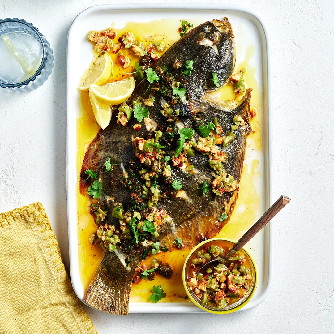 Mediterranean whole flounder recipe with green olive salsa