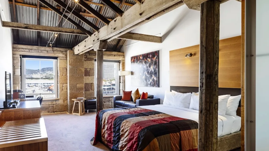 The Deluxe Spa Room, Harbour View, at the Henry Jones Art Hotel, Hobart.