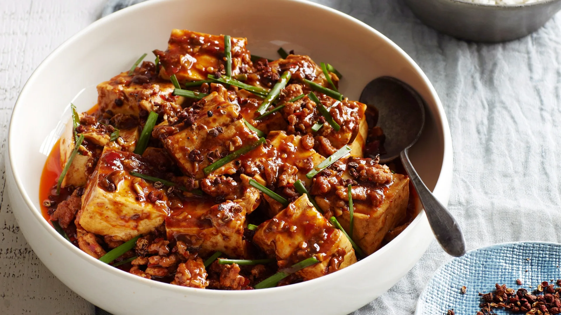 Mapo tofu with mince meat, chives and chilli oil
