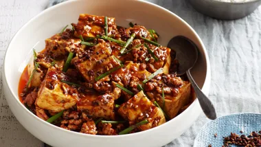 Mapo tofu with mince meat, chives and chilli oil