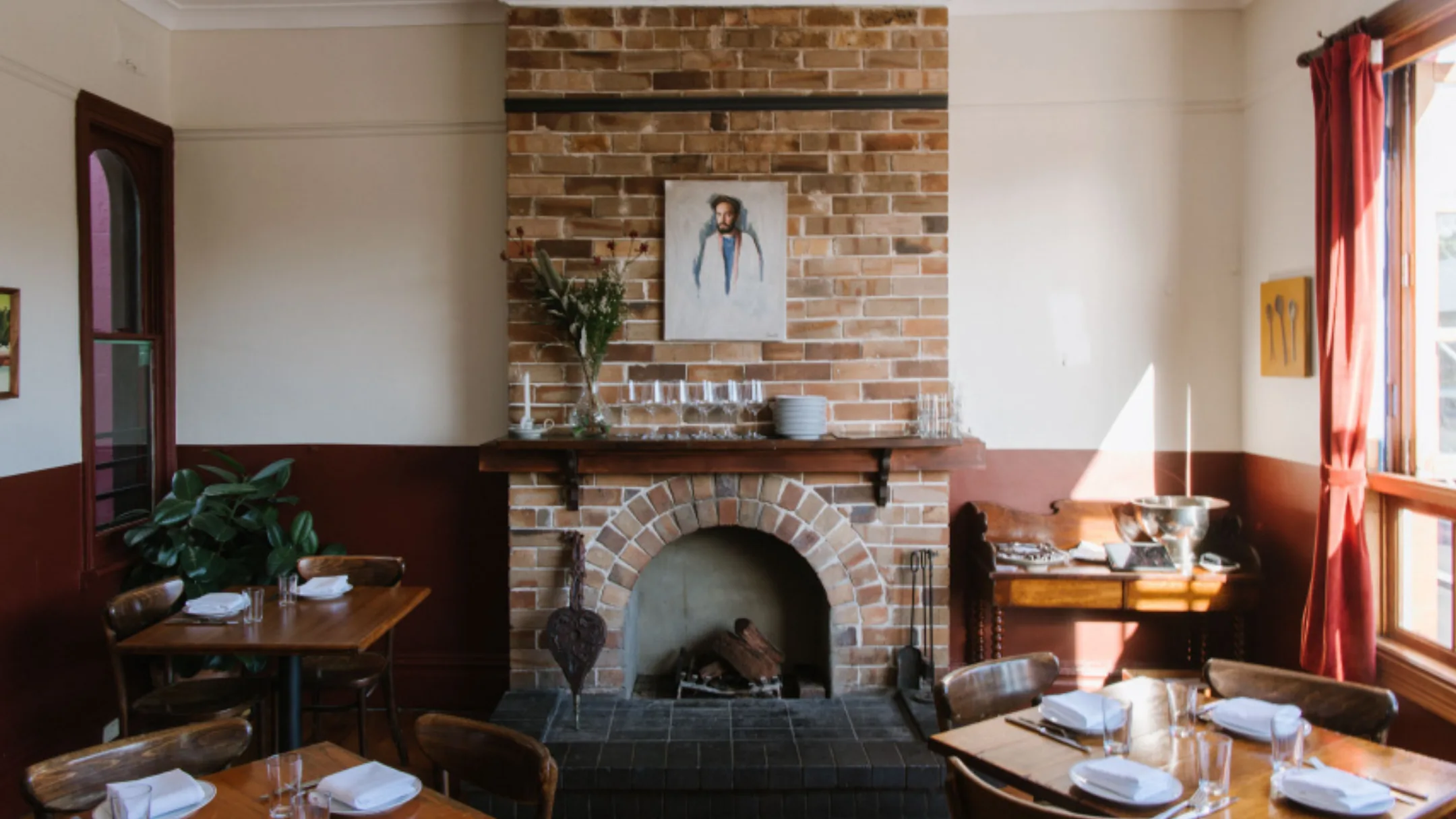 Fireplace in the dining room at Porcine.