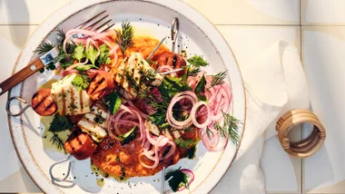 Swordfish and chorizo skewers with macadamia romesco